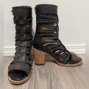 Freebird Lotus Studded Black and Brown Women's Heeled Sandals